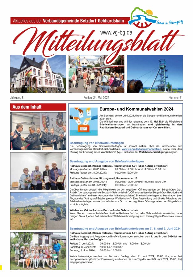 Aktuelles aus der VG Betzdorf-Gebhardshain, Ausgabe Betzdorf Titelblatt 21/2024
