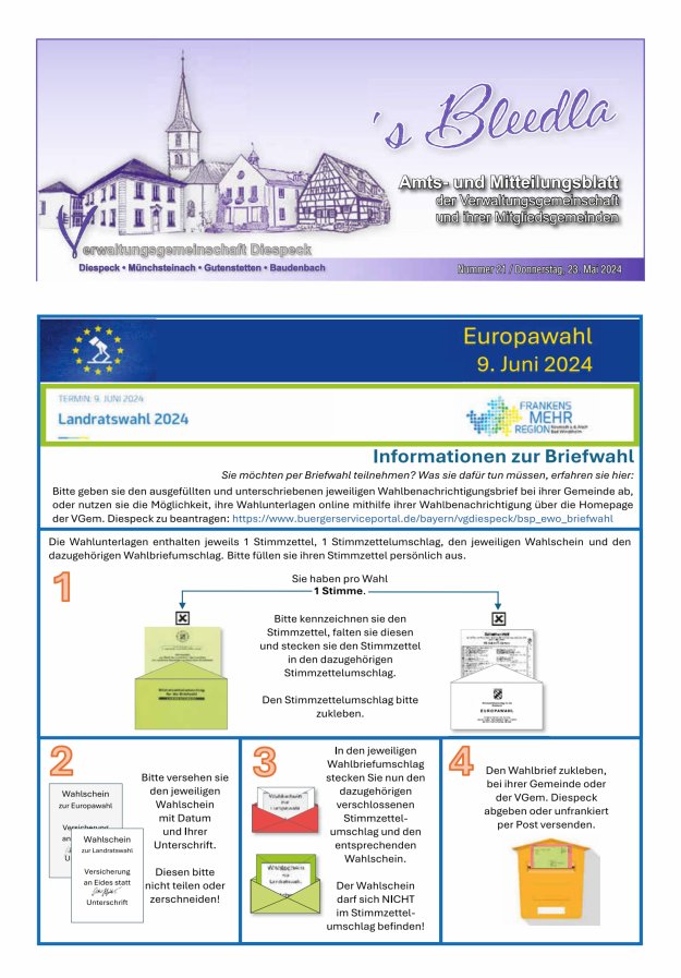 Amts- und Mitteilungsblatt VGem Diespeck Titelblatt 21/2024