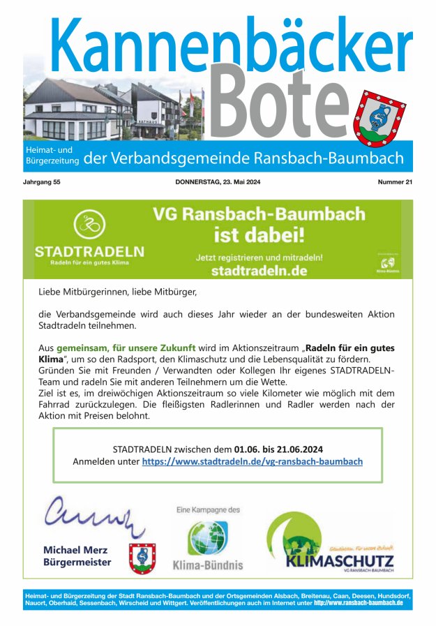 Kannenbäcker-Bote der Verbandsgemeinde Ransbach-Baumbach Titelblatt 21/2024
