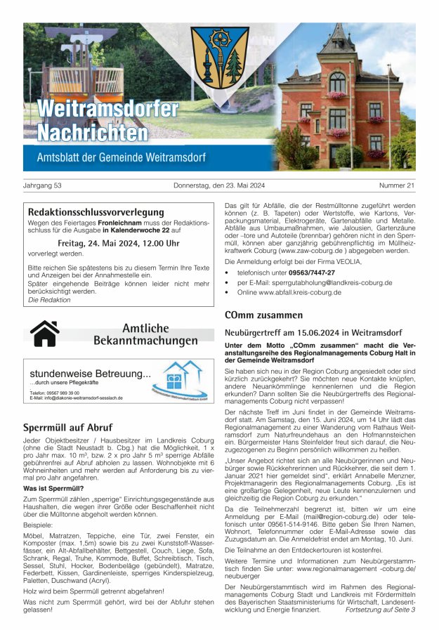 Weitramsdorfer Nachrichten Titelblatt 21/2024