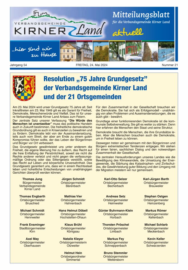 Mitteilungsblatt für den Bereich der Verbandsgemeinde Kirner Land Titelblatt 21/2024