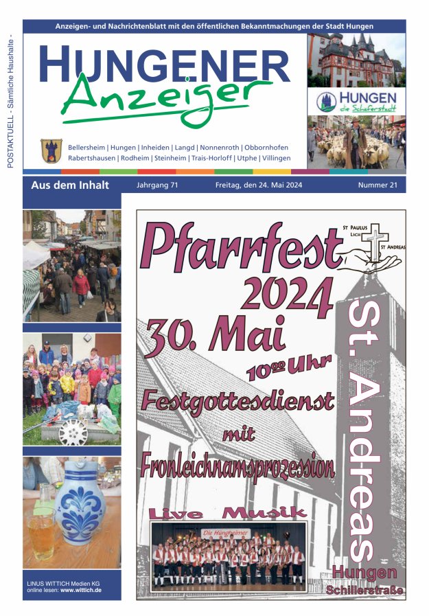 Anzeigen- und Nachrichtenblatt mit den öff  Bekanntmachungen der Stadt Hungen Titelblatt 21/2024