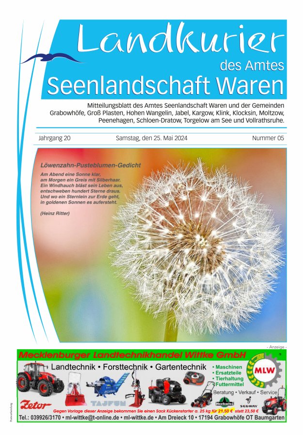 Landkurier des Amtes Seenlandschaft Waren Titelblatt 05/2024