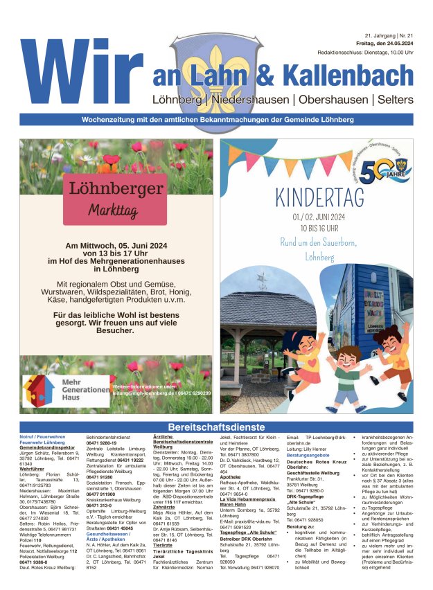 Amtliches Mitteilungsblatt der Gemeinde Löhnberg Titelblatt 21/2024