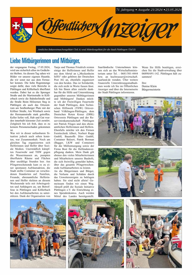Öffentlicher Anzeiger - Stadt Püttlingen Titelblatt 21/2024