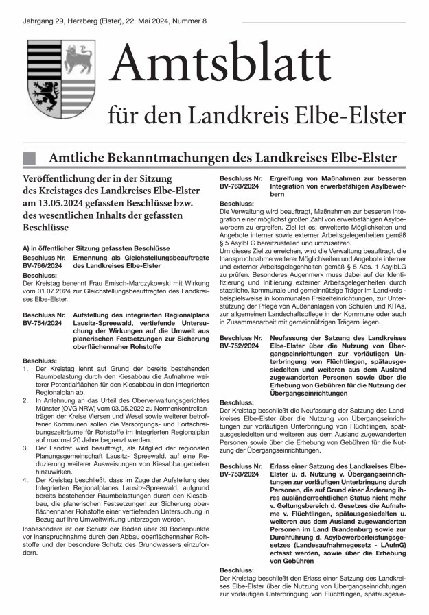 Amtsblatt für den Landkreis Elbe-Elster Titelblatt 08/2024