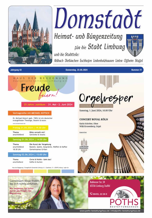 Domstadt - Heimat- und Bürgerzeitung für die Stadt Limburg Titelblatt 21/2024