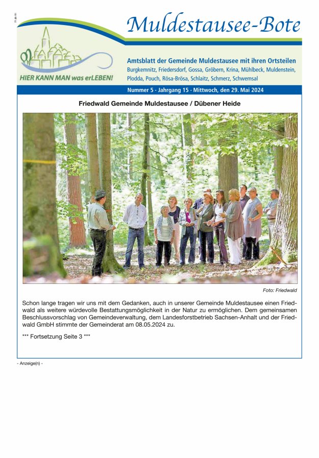 Muldestausee-Bote – Amtsblatt der Gemeinde Muldestausee mit ihren Ortsteilen Titelblatt 05/2024