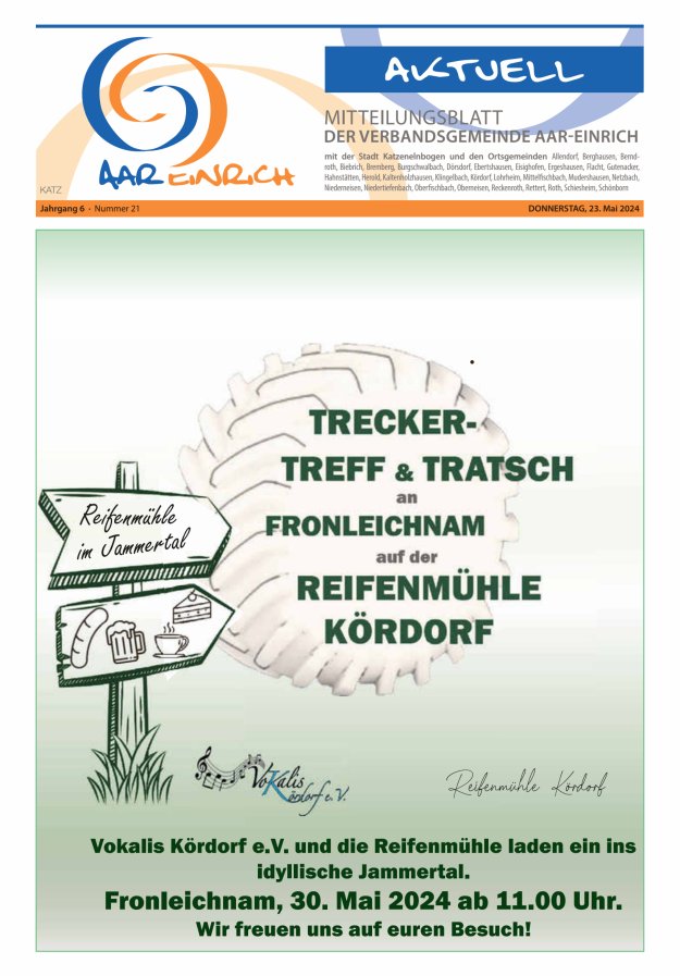 Mitteilungsblatt der Verbandsgemeinde Aar-Einrich Ausgabe Katzenelnbogen Titelblatt 21/2024