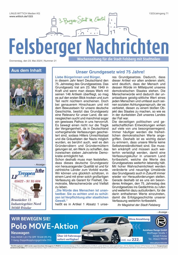 Felsberger Nachrichten Titelblatt 21/2024