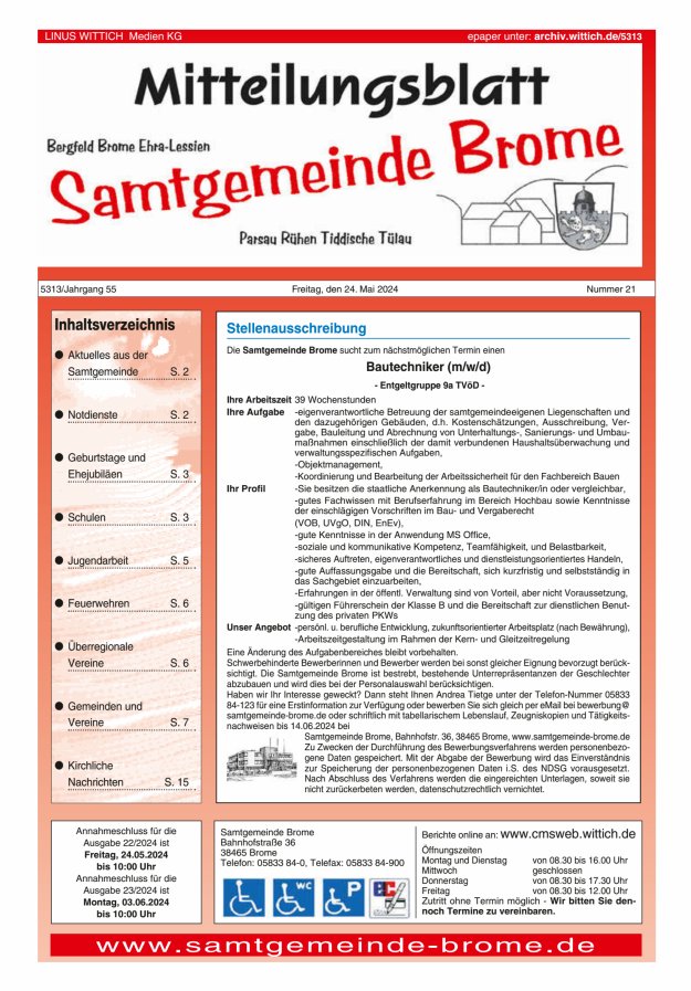 Mitteilungsblatt der Samtgemeinde Brome Titelblatt 21/2024