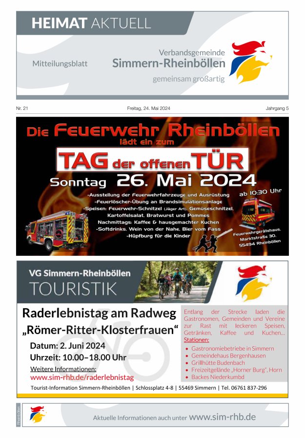 Heimat Aktuell Mitteilungsblatt der VG Simmern-Rheinböllen-Ausg Rheinböllen Titelblatt 21/2024