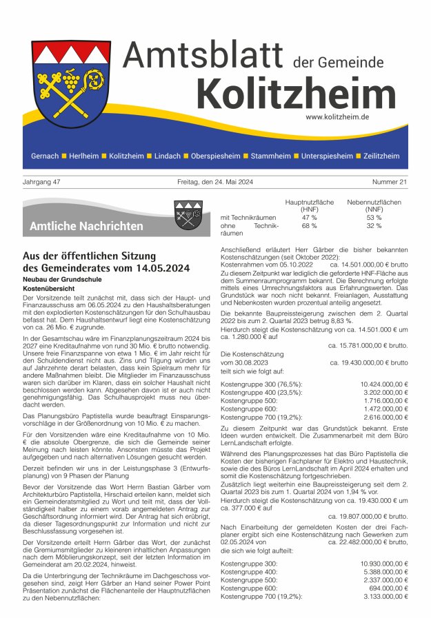 Amtsblatt der Gemeinde Kolitzheim Titelblatt 21/2024