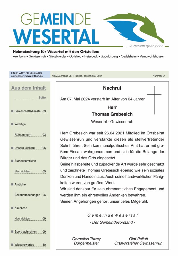 Wesertal Titelblatt 21/2024