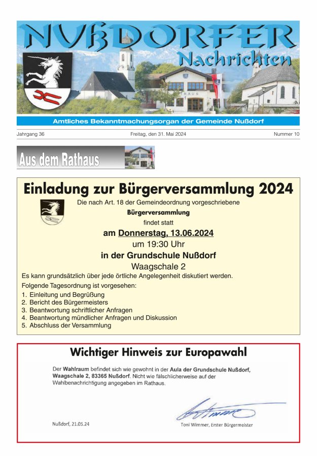 Nußdorfer Nachrichten Titelblatt 10/2024