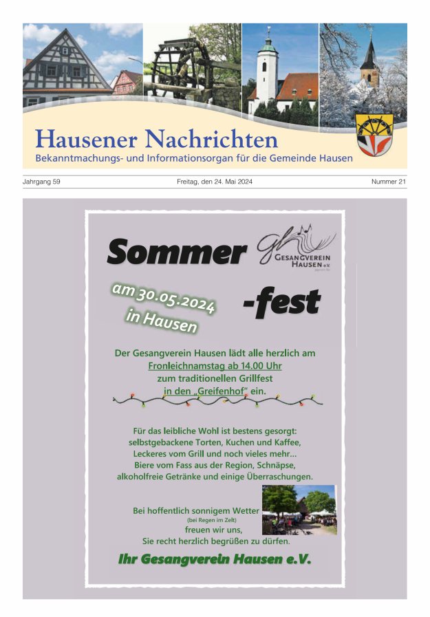 Hausener Nachrichten Titelblatt 21/2024