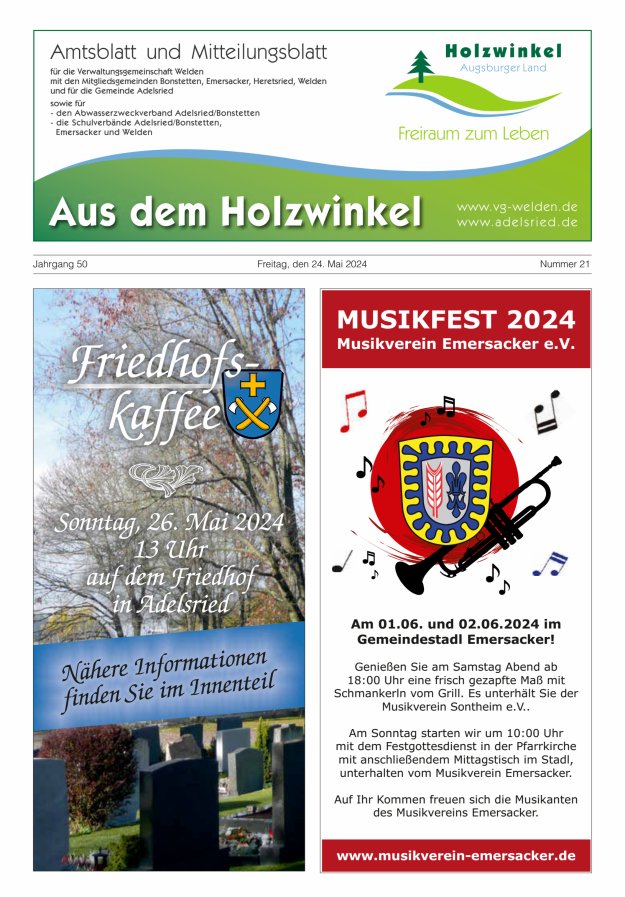 Aus dem Holzwinkel Amtsblatt u Mitteilungsblatt f VG Welden u GemAdelsried Titelblatt 21/2024