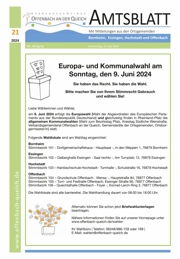 Amtsblatt VG Offenbach an der Queich Titelblatt 21/2024