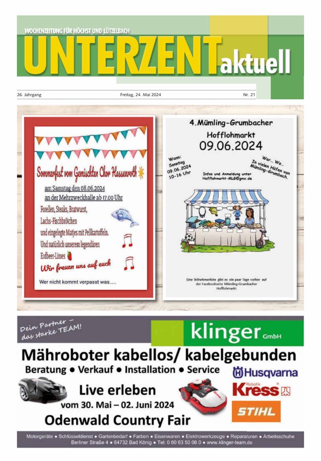 Unterzent aktuell Wochenzeitung für Höchst und Lützelbach Titelblatt 21/2024
