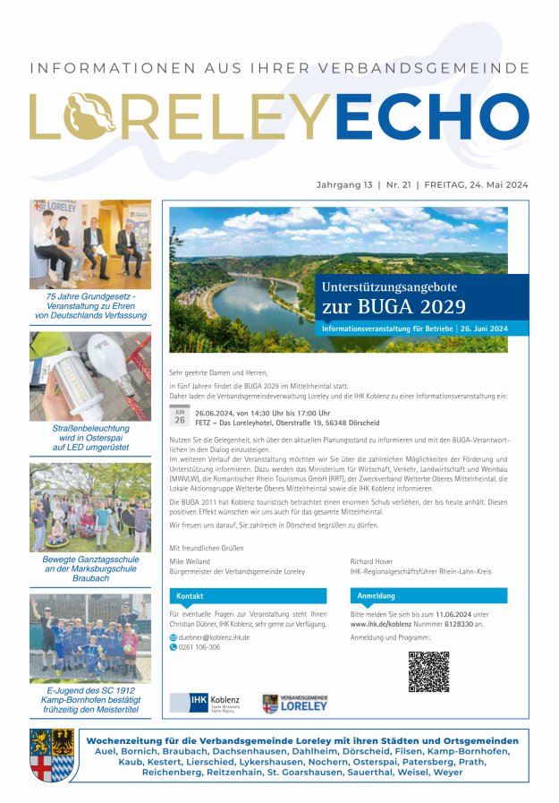 Loreley-Echo - Mitteilungsblatt der Verbandsgemeinde Loreley Titelblatt 21/2024