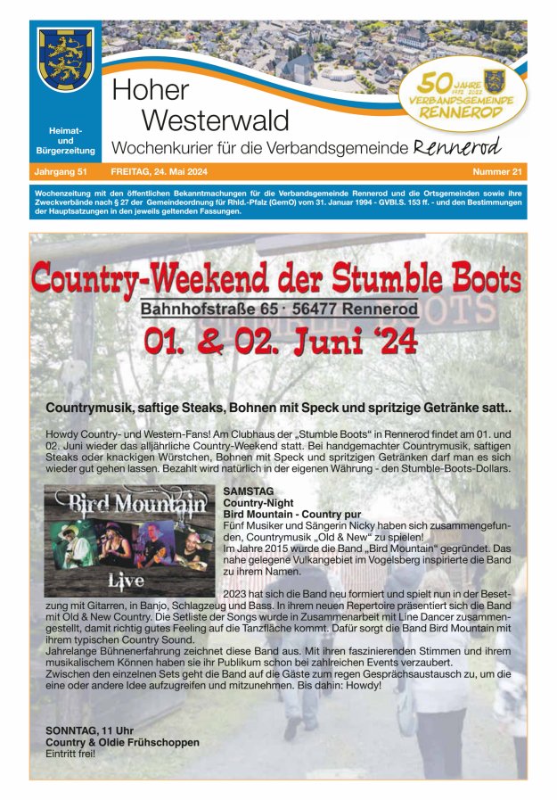 Hoher Westerwald - Wochenkurier für die Verbandsgemeinde Rennerod Titelblatt 21/2024
