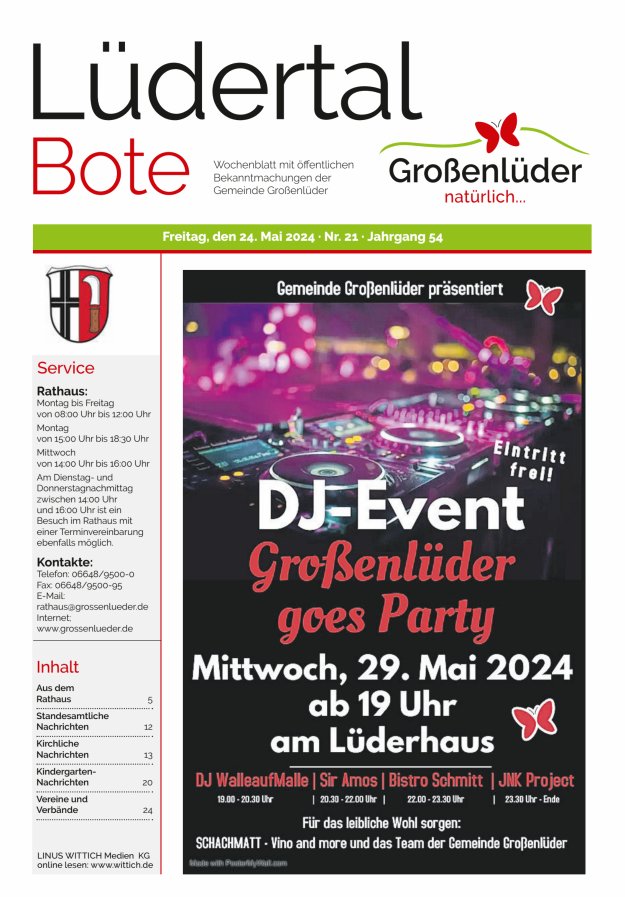 Wochenblatt mit öffentlichen Bekanntmachungen der Gemeinde Großenlüder Titelblatt 21/2024