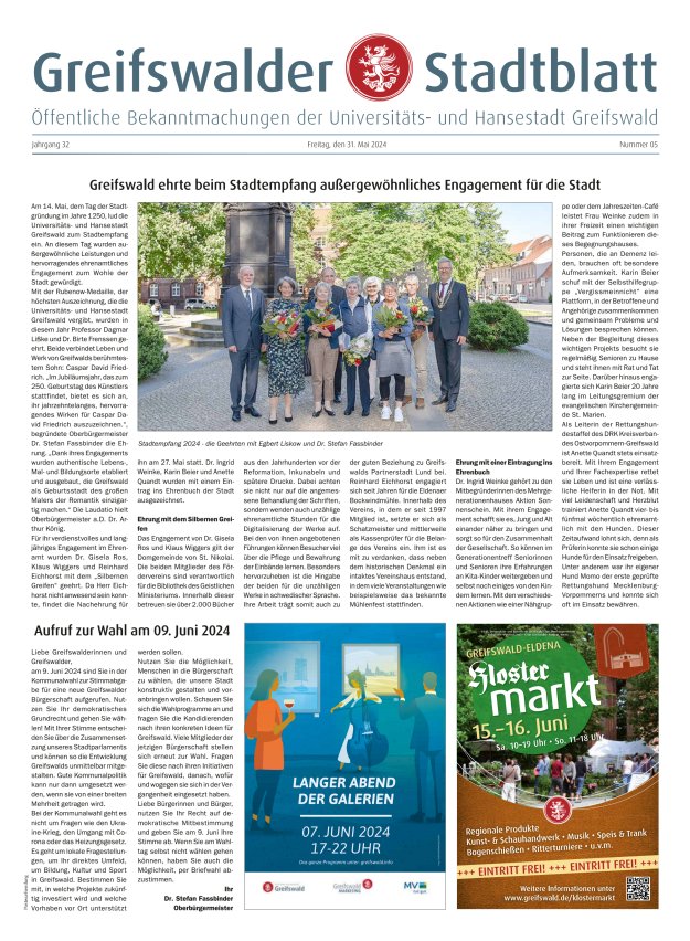 Greifswalder Stadtblatt Titelblatt 05/2024