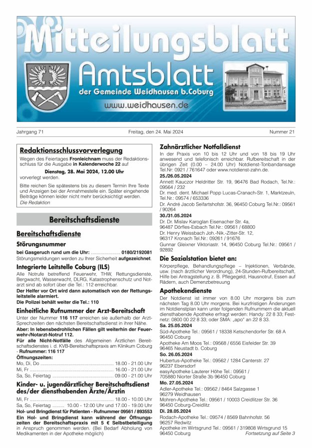 Mitteilungsblatt - Amtsblatt der Gemeinde Weidhausen b Coburg Titelblatt 21/2024