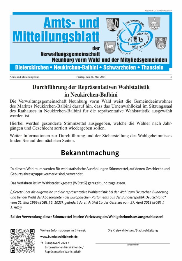 Amts- u Mitteilungsblatt der VG Neunburg vorm Wald u d Mitgliedsgemeinden Titelblatt 05/2024