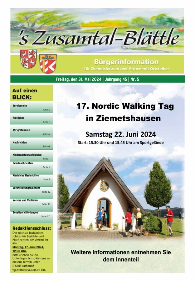 's Zusamtal-Blättle Bürgerinformationen für Ziemetshausen und Aichen mit OTen Titelblatt 05/2024
