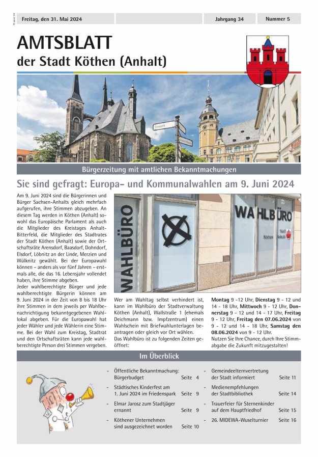 Amtsblatt der Stadt Köthen (Anhalt) – Bürgerzeitung mit amtlichen Bekanntmachungen Titelblatt 05/2024