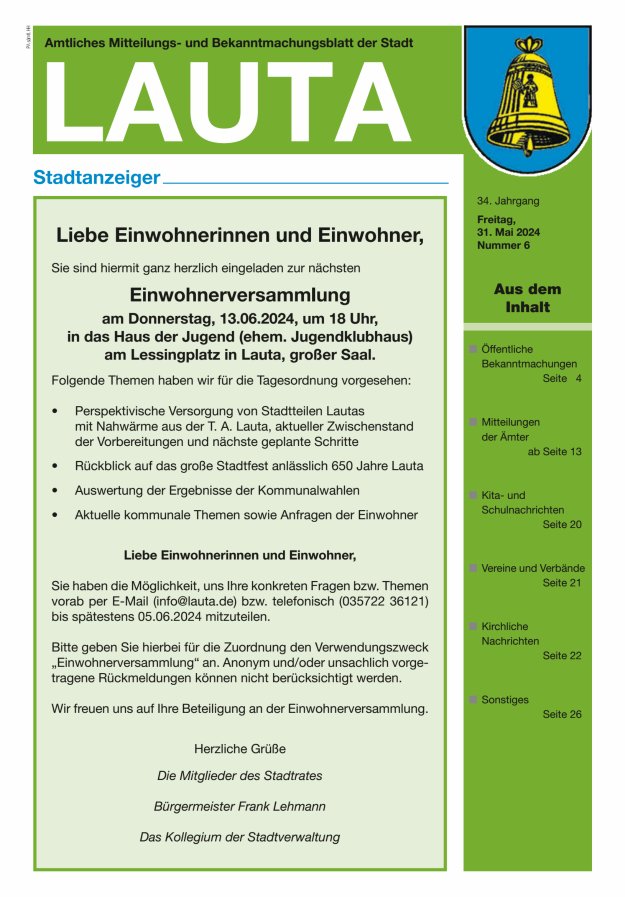 Amtliches Mitteilungs- und Bekanntmachungsblatt der Stadt Lauta - Stadtanzeiger Titelblatt 06/2024