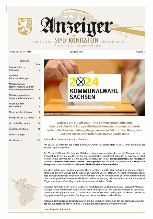 Amtsblatt der Stadt Königstein Titelblatt 05/2024