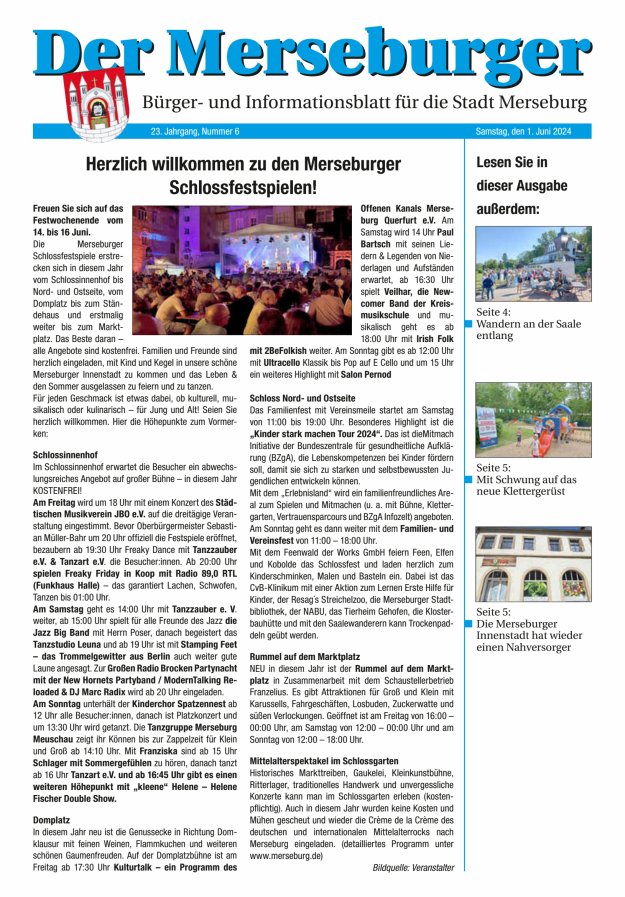 Der Merseburger - Bürger- und Informationsblatt für die Stadt Merseburg Titelblatt 06/2024