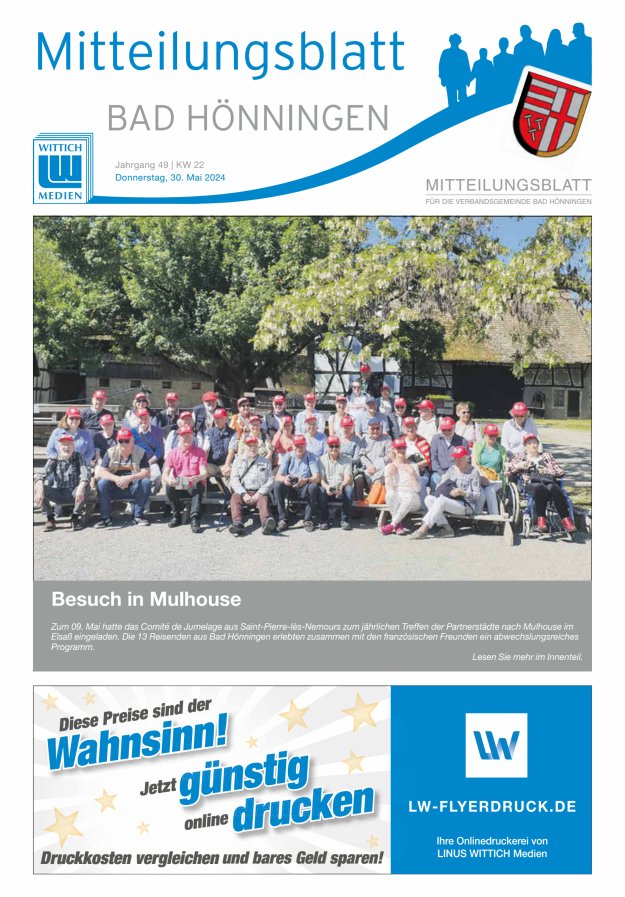 Mitteilungsblatt für den Bereich der Verbandsgemeinde Bad Hönningen Titelblatt 22/2024