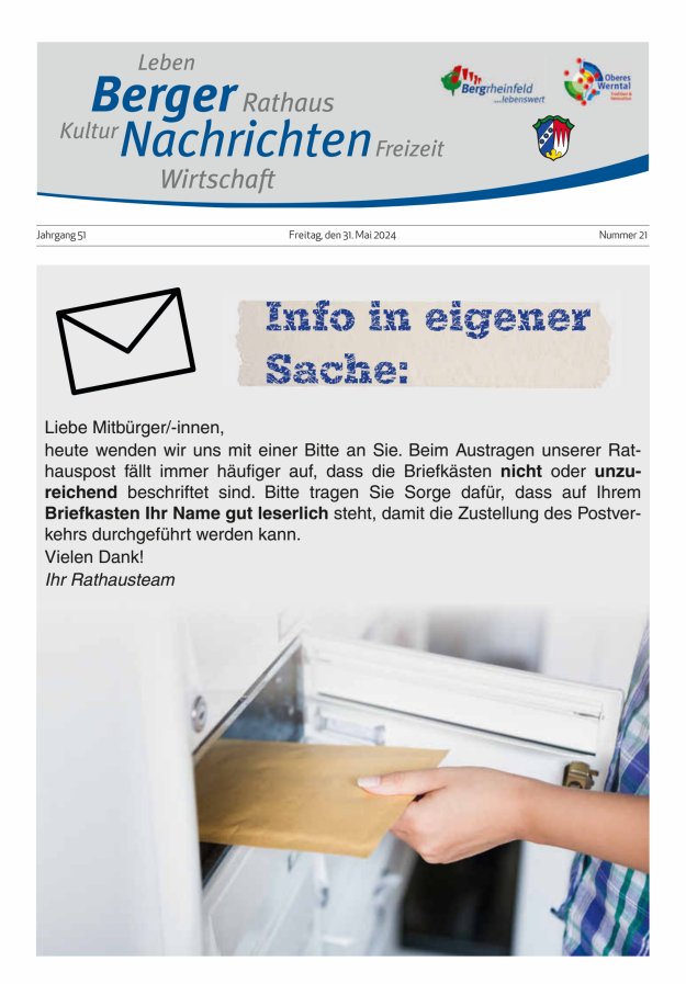 Berger Nachrichten, Bergrheinfeld Titelblatt 21/2024