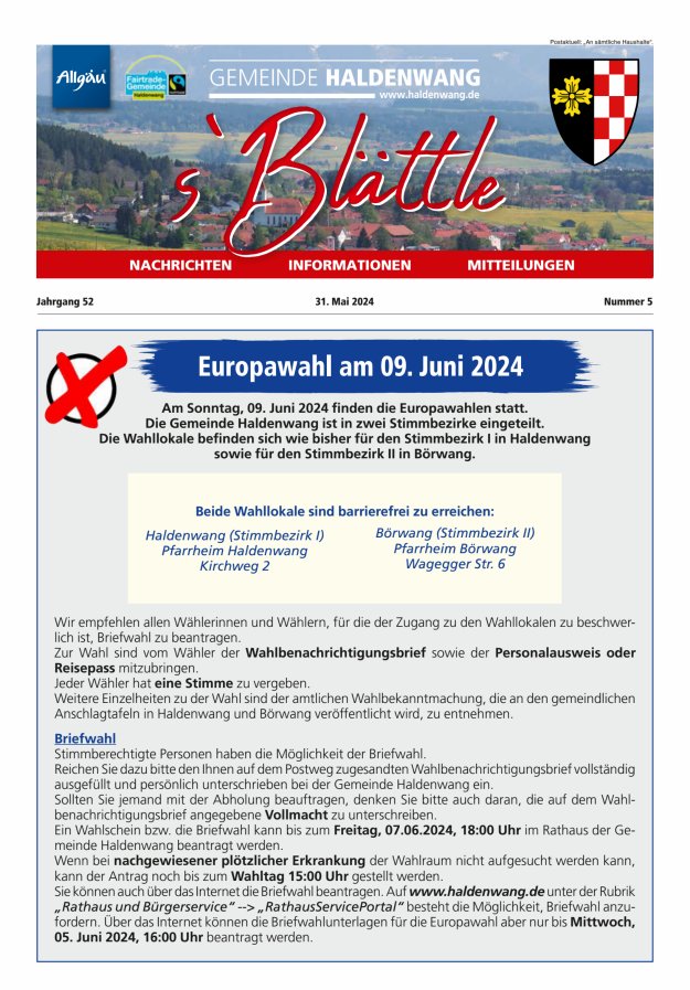 sBlättle der Gemeinde Haldenwang Titelblatt 05/2024