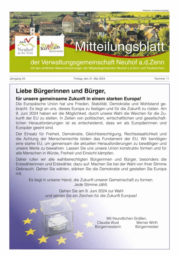 Mitteilungsblatt der Verwaltungsgemeinschaft Neuhof an der Zenn mit den amtlichen Bekanntmachungen der Mitgliedsgemeinden Neuhof an der Zenn und Trautskirchen Titelblatt 11/2024