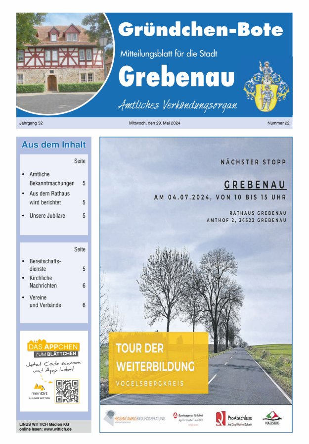 Grebenau - Gründchen Bote - Mitteilungsblatt für die Stadt Grebenau Titelblatt 22/2024