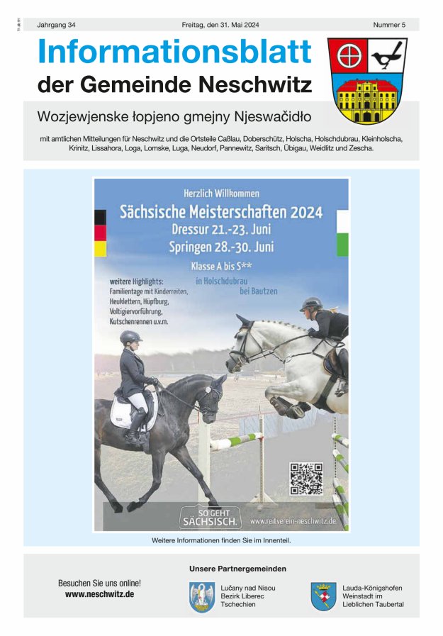 Informationsblatt der Gemeinde Neschwitz mit amtlichen Mitteilungen Titelblatt 05/2024
