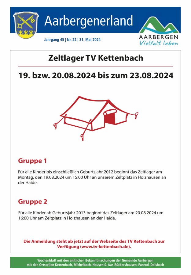 Aarbergenerland - Wochenblatt mit den amtlichen Bekanntmachungen Titelblatt 22/2024