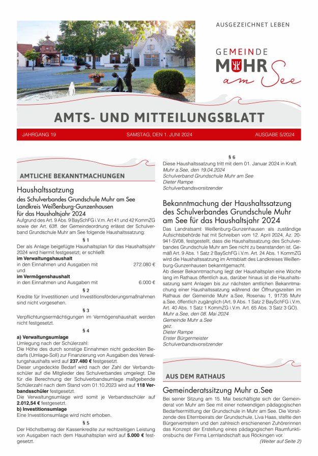 Muhrer Heimatbrief Amts- u Mitteilungsblatt der Gemeinde Muhr a See Titelblatt 05/2024