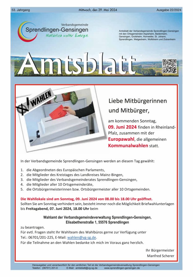 Amtsblatt VG Sprendlingen-Gensingen Titelblatt 22/2024