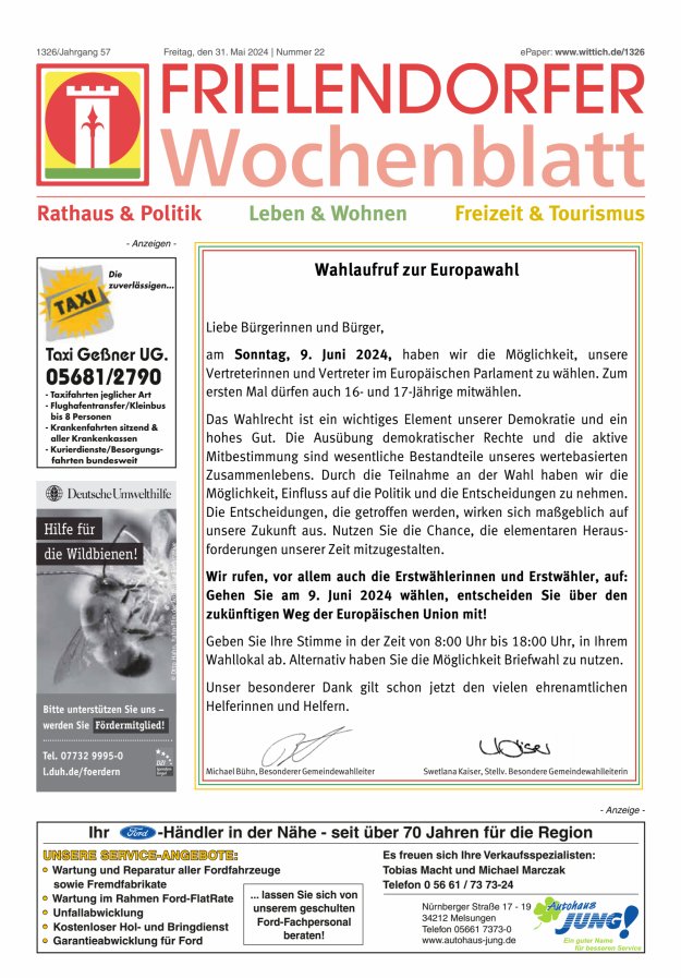 Frielendorfer Wochenblatt Titelblatt 22/2024
