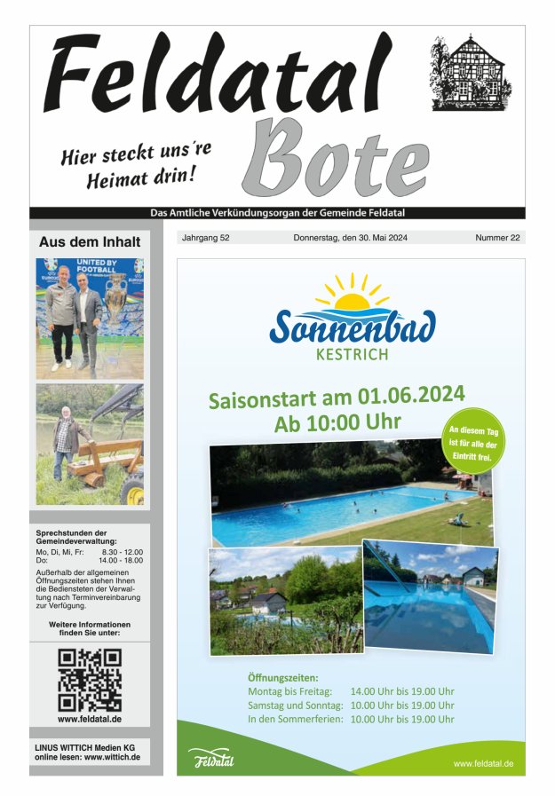 Das Amtliche Verkündungsorgan der Gemeinde Feldatal Titelblatt 22/2024