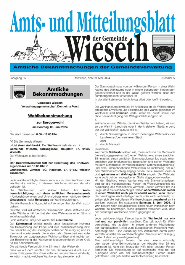 Amts- und Mitteilungsblatt der Gemeinde Wieseth Titelblatt 05/2024