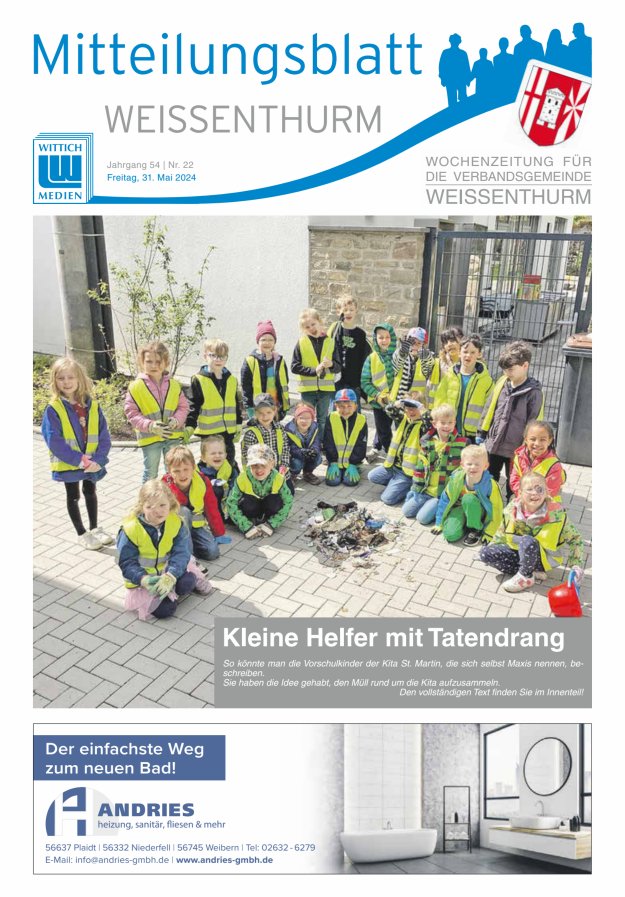 Mitteilungsblatt für den Bereich der Verbandsgemeinde Weißenthurm Titelblatt 22/2024