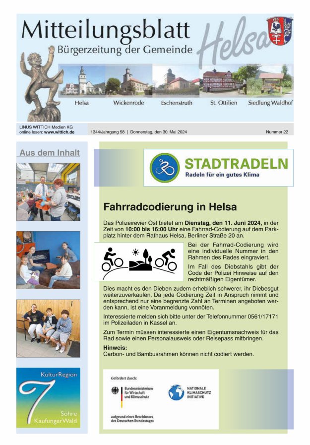 Mitteilungsblatt Helsa Titelblatt 22/2024