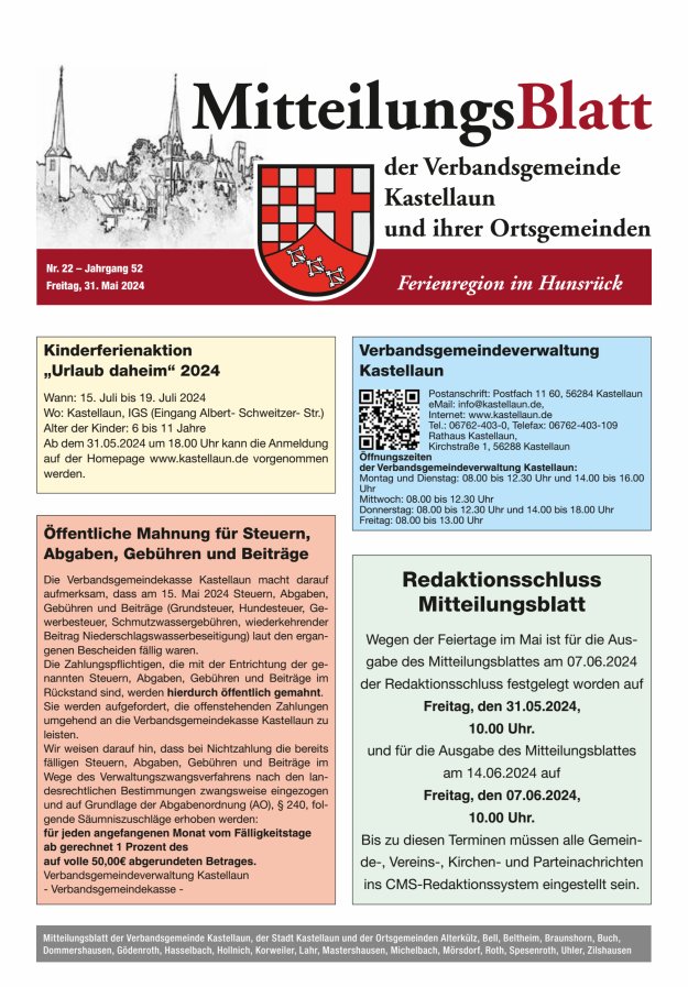 Mitteilungsblatt Kastellaun Titelblatt 22/2024