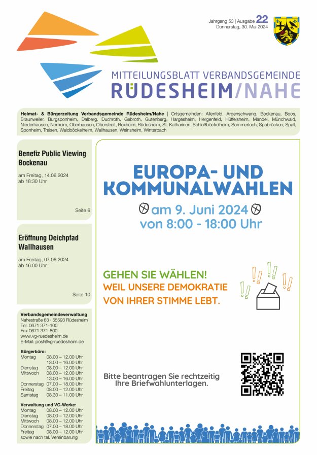 Mitteilungsblatt Verbandsgemeinde Rüdesheim und zugehörige Ortsgemeinden Titelblatt 22/2024